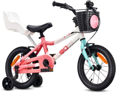 Sun Baby Kinderfiets 14 Inch LOOFI, Fiets voor Meisje 3-5 Jaar, lichtgewicht 6.6 kg, aluminium frame, met poppenzitje, zijwieltjes, mandje, bel, stickers - Wit-Roze-Mint