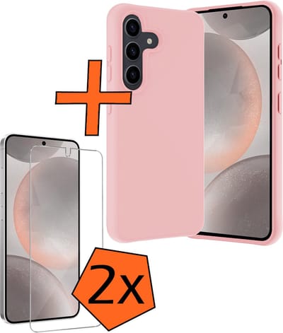 Hoes - Met 2x Screenprotector - Geschikt voor Samsung Galaxy S24 - Sterk & Shockproof - Back Cover - Siliconen Case - Telefoon Hoes - Lichtroze