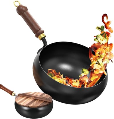 Koekenpan met Houten Deksel - Japanse IJzeren Pan - Stoven Braden Bakken - Traditionele Smeedtechniek - 28 x 10.5 cm