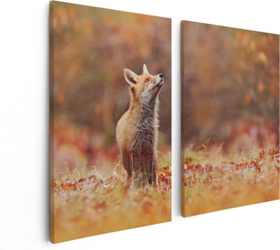 Artaza Canvas Schilderij Tweeluik Vos in het Bos tussen de Bladeren - 80x60 - Foto Op Canvas - Canvas Print