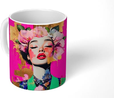 Mok - Koffiemok - Bloemenkroon - Goud - Vrouw - Portret - Mokken - 350 ML - Beker - Koffiemokken - Theemok