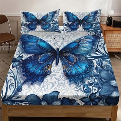3-delige Blauwe Vlinder Bloemen Hoeslaken Set (1 Hoeslaken + 2 Kussenslopen Zonder Kussenvulling), HD-druk voor hoeslaken 120x200cmx25