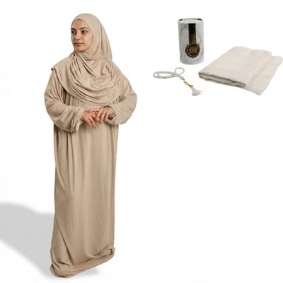 FIRASET Beigekleurige 2-delige Gebedskleding van Viscose met Opbergtasje + islamitische geschenkset met gebedskleed (seccade) en gebedskralen, cilindervormige doos – Made in Turkije