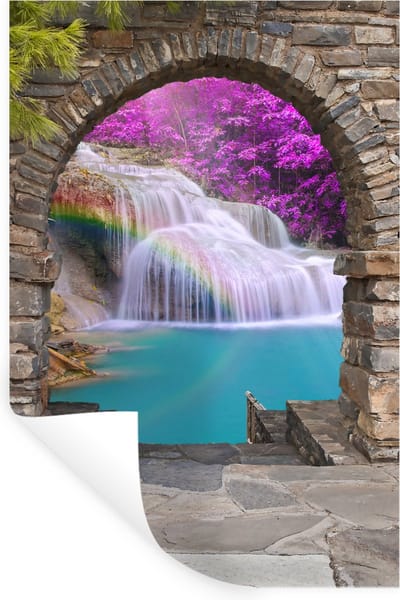 Muurstickers - Sticker Folie - Bloemen - Regenboog - Waterval - Doorkijk - 20x30 cm - Plakfolie - Muurstickers Kinderkamer - Zelfklevend Behang - Zelfklevend behangpapier - Stickerfolie