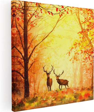 Artaza Canvas Schilderij Herten - 80x80 cm - Wanddecoratie Bos - Muurdecoratie Herfst - Schilderijen Op Canvas