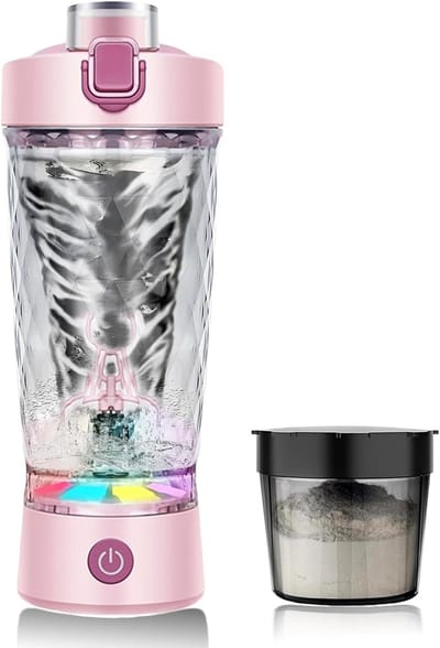 Automatische mengbeker, handvat met kleurrijke lichtstrip, fitnesswaterfles, elektrisch en draagbaar, shakerbeker voor proteïnepoeder, roze.