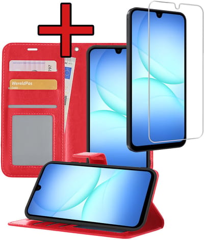 Hoesje - Met Screenprotector - Geschikt voor Samsung Galaxy A17 - Luxe Pasjeshouder - Flipcase - Bookcase Portemonee - Flip Case - Kunstleer Book Case - Book Cover - Walletcase - Portemonneehoes - Telefoonhoes - Rood