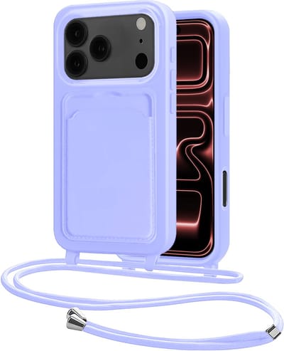Hoes Geschikt voor iPhone 17 Pro Max Hoesje Pasjeshouder Cover Met Koord Case Siliconen Hoes Met Telefoonkoord en Kaarthouder - Lila