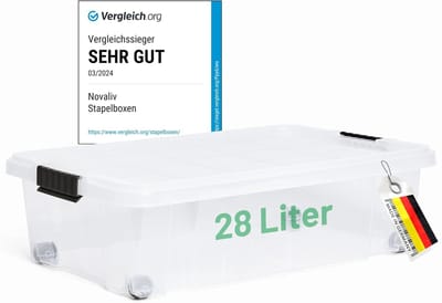 Novaliv onderbed opbergbox met wielen, deksel 28L, transparant, nestbaar, stapelbaar, clipsluiting, bedbox met wielen, BPA-vrij 61x40x17 cm