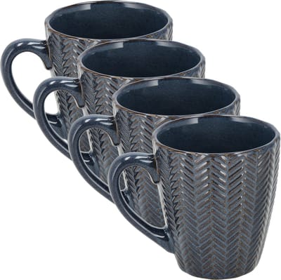 Koffiekopjes Set van 4 – Donkerblauwe Mokken 200ml met Oor – Keramische en Aardewerk Koffiemokken – Theemokken en Cappuccino Kopjes – Visgraat Reliëf Design