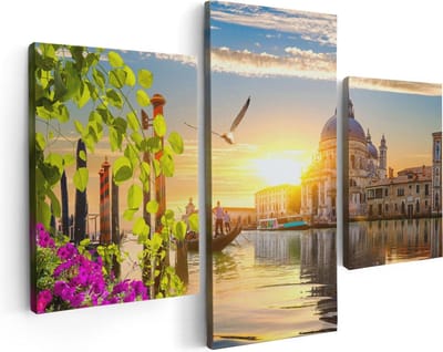 Artaza Canvas Schilderij Drieluik Kanaal in Venetië met Bloemen - 90x60 - Foto Op Canvas - Canvas Print