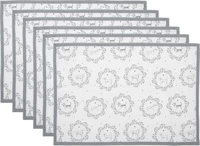 Clayre & Eef Placemats Set van 6 48x33 cm Wit Grijs Katoen Hond