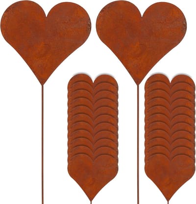 Set van 24 Hartvormige Tuinstekers in Roestlook - 35 cm Hoge Tuindecoratie van Zink