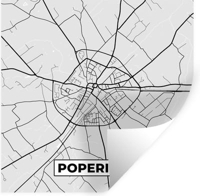 Muurstickers - Sticker Folie - Stadskaart – Plattegrond – België – Zwart Wit – Poperinge – Kaart - 100x100 cm - Plakfolie - Muurstickers Kinderkamer - Zelfklevend Behang XXL - Zelfklevend behangpapier - Stickerfolie