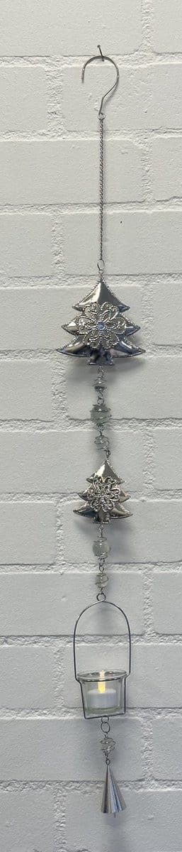 Deco theelichthouder "Kerst" met metalen ketting - Zilveren Kerstboom - zilverkleurig - lengte 95 cm - exclusief theelicht - Woondecoratie - Theelichthouder - Feestversiering - Kerst