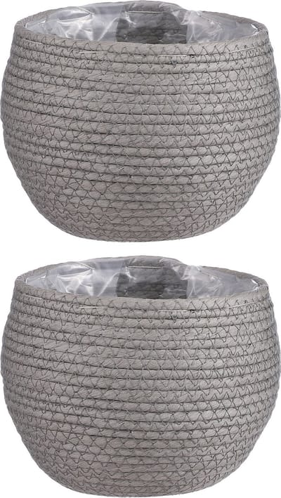 2x stuks naturel grijs rotan planten/bloemen pot mand van gedraaid jute/riet/zeegras H15 en D18 cm - Met plastic binnenkant