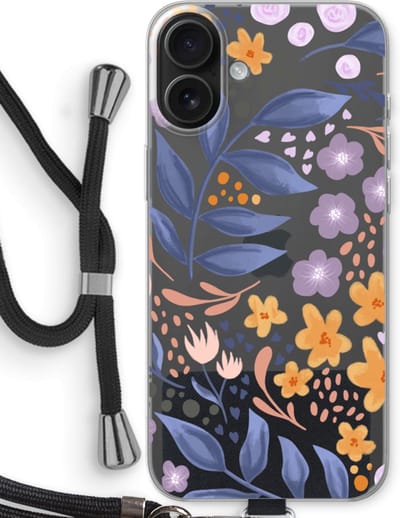 Case Company® - Hoesje met koord geschikt voor iPhone 16 Plus hoesje met Koord - Flowers with blue leaves - Telefoonhoesje met Zwart Koord - Bescherming aan alle Kanten en Over de Schermrand
