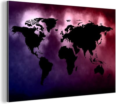 Wanddecoratie Metaal - Aluminium Schilderij Industrieel - Wereldkaart - Zwart - Roze - 150x100 cm - Dibond - Foto op aluminium - Industriële muurdecoratie - Voor de woonkamer/slaapkamer