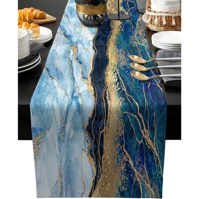 Marineblauw Moderne Abstracte Kunst Linnen Tafelkleed Blauw Marmer Commode Sjaals Eettafel Keuken Bruiloft Feest Vakantie Decoratie 150x33cm gray