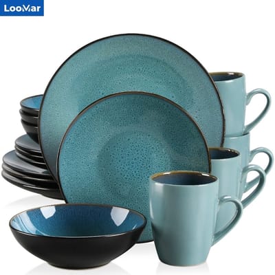 LooMar Serviesset – 16 delig – 4 persoons – Keramiek - Luxe – Groen– Bordenset – Dinner platen – Dessertborden - Bubble