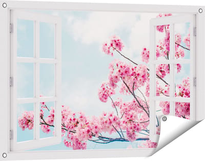 Gards Tuinposter Doorkijk Roze Bloesemboom - Bloemen - 90x60 cm - Tuindoek - Tuindecoratie - Wanddecoratie buiten - Tuinschilderij