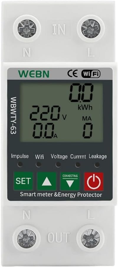 Slimme kWh Energiekosten Meter met kWh Meting, WiFi en App Bediening - 63A Overspanningsbeveiliging