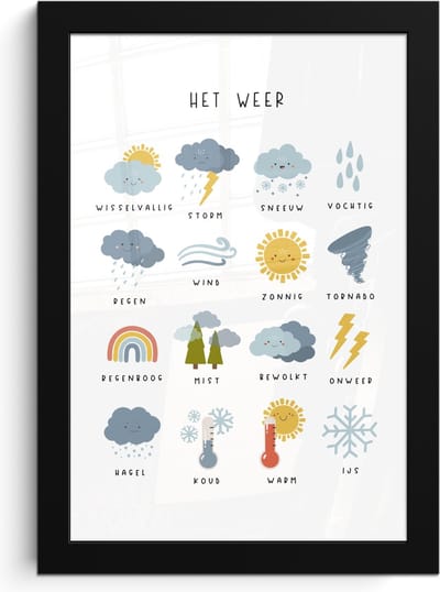 Poster in lijst - Fotolijst 20x30 cm - Posters - Het weer - Leren voor kinderen - Educatief - Regenboog - Zon - Posterlijst zwart - Kamer decoratie - Wanddecoratie kinderkamer - Muurdecoratie babykamer