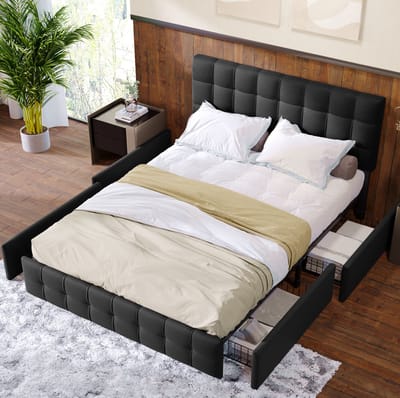 MEUNIQ tweepersoons opbergbed 140x200 cm met 4 lades, verstelbaar hoofdeinde, lattenbodem en zwarte stoffering, bedframe voor slaapkamer