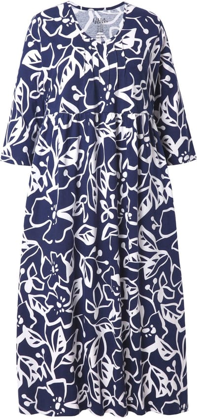 Ulla Popken - Dames - Maxi-jurk bloemen A-lijn V-hals 3/4-mouwen - Marine - Maat 62+