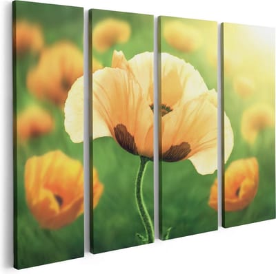 Artaza Canvas Schilderij Vierluik Oranje Klaproos Bloemen  - 80x60 - Foto Op Canvas - Canvas Print