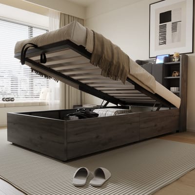 Eenpersoonsbed - 90x200 - Houten hydraulisch bed met USB en Type-C hoofdeinde opbergruimte - hout - grijs - zonder matras