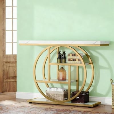 HAUSS SPOLE Consoletafel - Vier Open Niveaus - Voor Hal En Woonkamer - Metaal En Hout - 105x30x80 Cm - Goud Wit