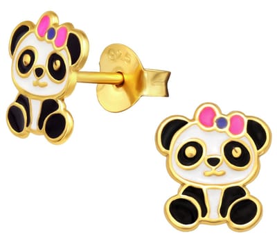 Joy|S - Zilveren panda oorbellen - roze strikje - gold plated - kinderoorbellen - goudkleur met wit zwart en roze