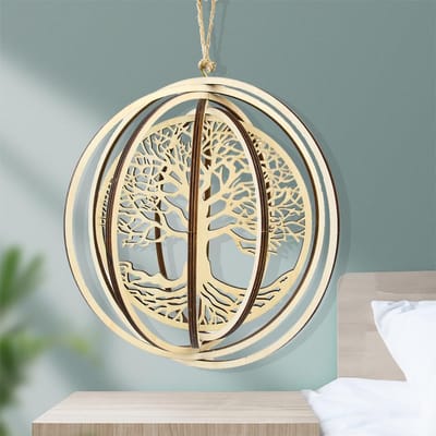 Natuurlijk Hout Lasergravure Energie Reiki Levensboom Bloemen Mandala Draaiende Pailletten Hanger Draaien Windgongen Hangende Decoratie beige