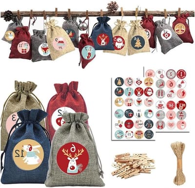 Allecta - Adventskalender om te vullen - Kerstdecoratie zakjes - Vilten en stoffen zakjes - Cijferstickers - Kerstkalender cadeauzakjes - Kerstmis - 24 stuks.