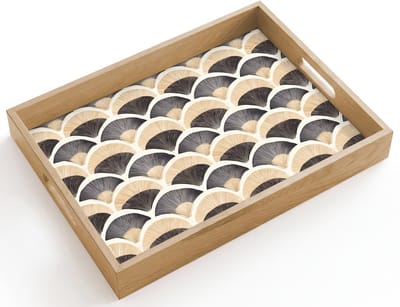 Dienblad hout 40x30 cm - Schootdienblad - Waaier - Patroon - Zwart - Beige - Borrelplank rechthoek - Plateau dienbladen