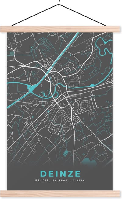 Posterhanger incl. Poster 40x60 cm - Schoolplaat - Plattegrond – Deinze – Blauw – Stadskaart - Kaart - Textielposter - Blanke latten - Stadskaart