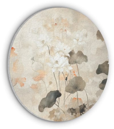 Akoestisch wandpaneel rond 60x60 cm - Vilt schilderij Bloemen - Japandi - Wabi sabi - Ronde akoestische panelen - Geluidsdempende wanddecoratie - Geluidsisolatie wandcirkel - Muurdecoratie geluidspanelen