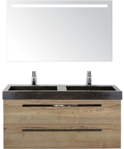 Seville Badmeubelset 120 cm - 2 Laden Natuur Eiken - Wastafel Lucca Dubbel met Sence Spiegel