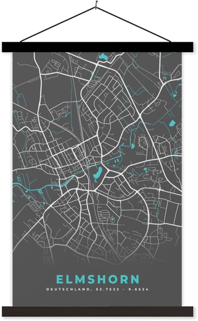 Posterhanger incl. Poster 60x90 cm - Schoolplaat - Stadskaart – Elmshorn – Duitsland – Plattegrond – Kaart - Textielposter - Zwarte latten - Stadskaart