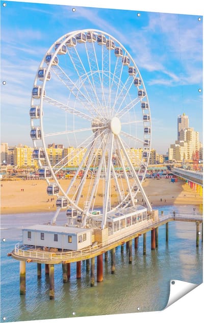 Gards Tuinposter Scheveningen Pier met de Ferris Wheel - Reuzenrad - 120x160 cm - Tuindoek - Tuindecoratie - Wanddecoratie buiten - Tuinschilderij