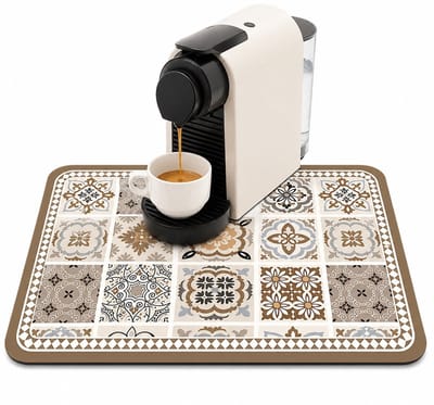 Koffiemachine Druipmat 20x30 cm – Absorberende Keukenmat met Retro Tegelprint – Antislip Afdruipmat voor Koffiehoek, Aanrecht & Servies – Sneldrogend & Wasbaar