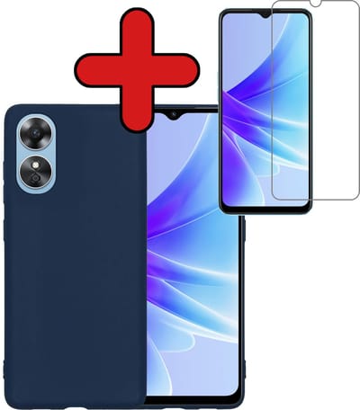 Hoesje - Met Screenprotector - Geschikt voor OPPO A17 - Sterk & Shockproof - Telefoon Hoes - Back Cover - Siliconen Case - Telefoonhoes - Donkerblauw