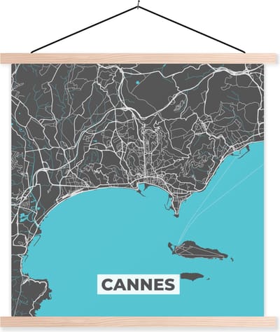 Posterhanger incl. Poster 40x40 cm - Schoolplaat - Stadskaart - Plattegrond - Cannes - Frankrijk - Kaart - Textielposter - Blanke latten - Stadskaart