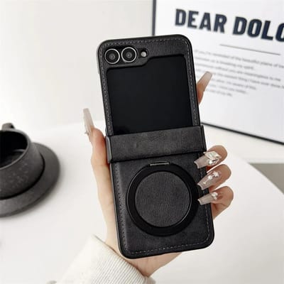 Magnetische Roterende Beugel Telefoonhoesje voor Samsung Galaxy Z Flip 6 5 4 Flip6 Flip5 Flip4 Flip3 5G Leren Scharnier Beschermhoes For Samsung Galaxy Z Flip6 black