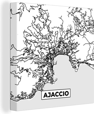 Canvas Schilderij Frankrijk - Plattegrond - Ajaccio - Stadskaart - Kaart - Zwart wit - 20x20 cm - Wanddecoratie