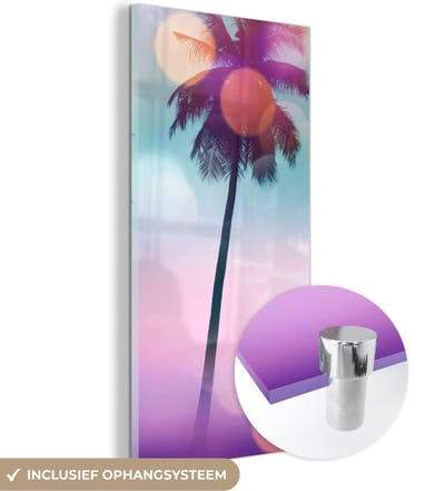 MuchoWow® Glasschilderij 20x40 cm - Schilderij acrylglas - Zomer - Palmen - Lucht - Roze - Foto op glas - Schilderijen