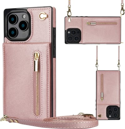 Multimedia & Accessoires Stijlvolle Leren Fashion Backcover Case Hoesje met Koord, Stand Ritsvak en Pasjeshouders geschikt voor Apple iPhone 16 Pro Max - Rosegoud