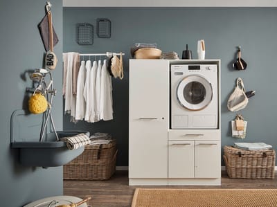 KitchenettesDirect® Laundry Wasmachine verhoger met lade en Linnenkast - Wasmachine ombouwkast - Wasmachine kast - Wit - Hoogte 162 cm - Wasmachine ombouw meubel