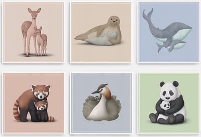 Wenskaarten - Geboorte - Set van 6 - Gevouwen kaarten Vol.2 - Inclusief enveloppen - Geboortekaarten - Neutrale kaarten - Zonder tekst - Dieren - Moederdag - Vaderdag - Verjaardagskaarten - Baby cadeau - inikini